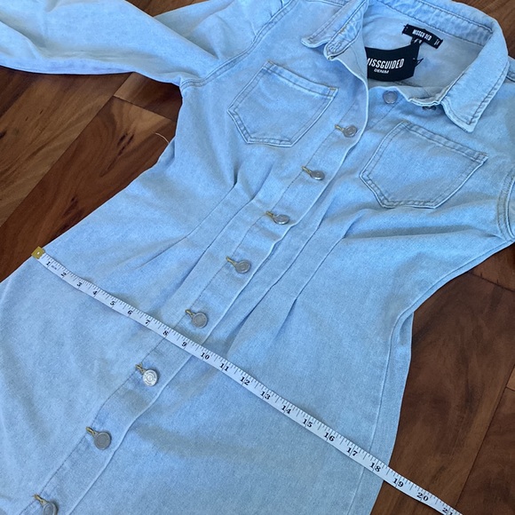 NEW! Misguided light blue cinched waist acid wash denim dress puff sleeves - Picture 10 of 11